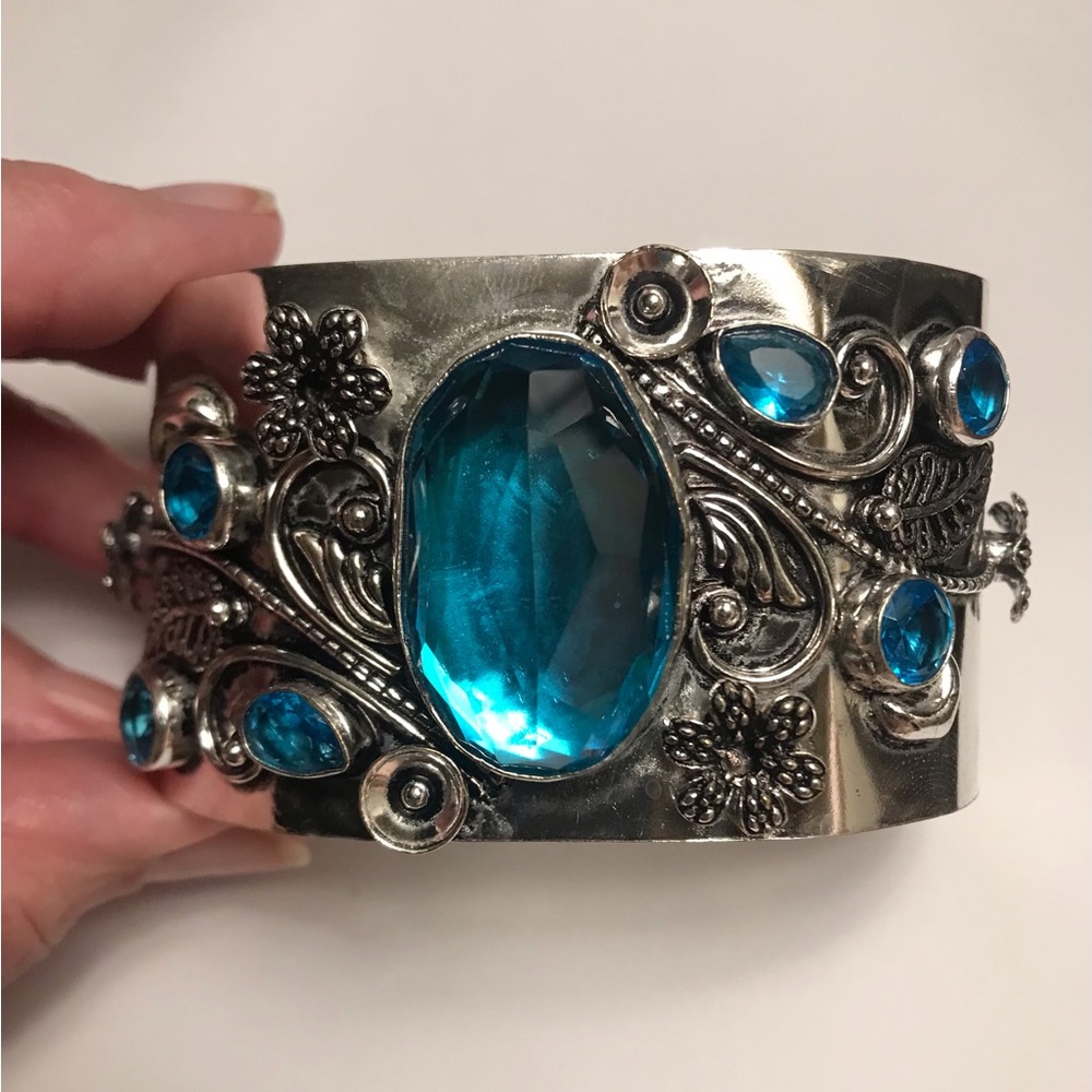 Blue Topaz Stamped Solid 925 Sterling Silver Cuff Bracelet